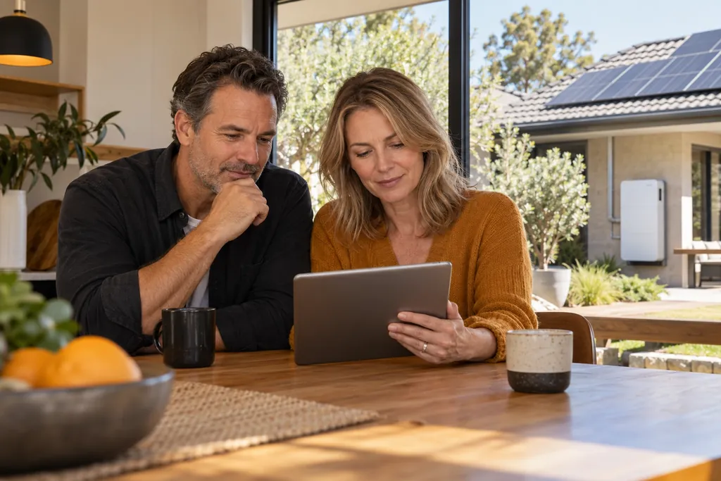 Couple reviewing home battery options at their kitchen table.